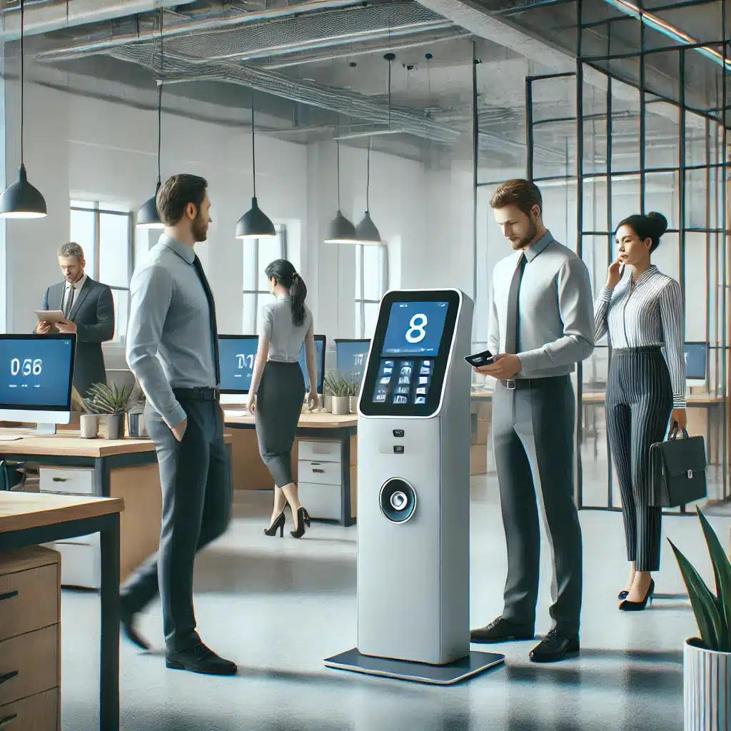 Empleados usando reloj de punto en oficina moderna | DIMEP