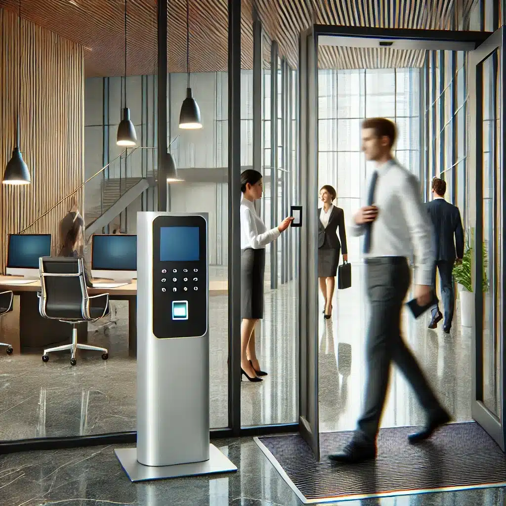 Entrada moderna de oficina con control de acceso automatizado | DIMEP
