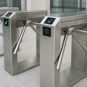 Torniquetes modernos de acero inoxidable con lectores de tarjeta y luces LED de acceso en una oficina | DIMEP