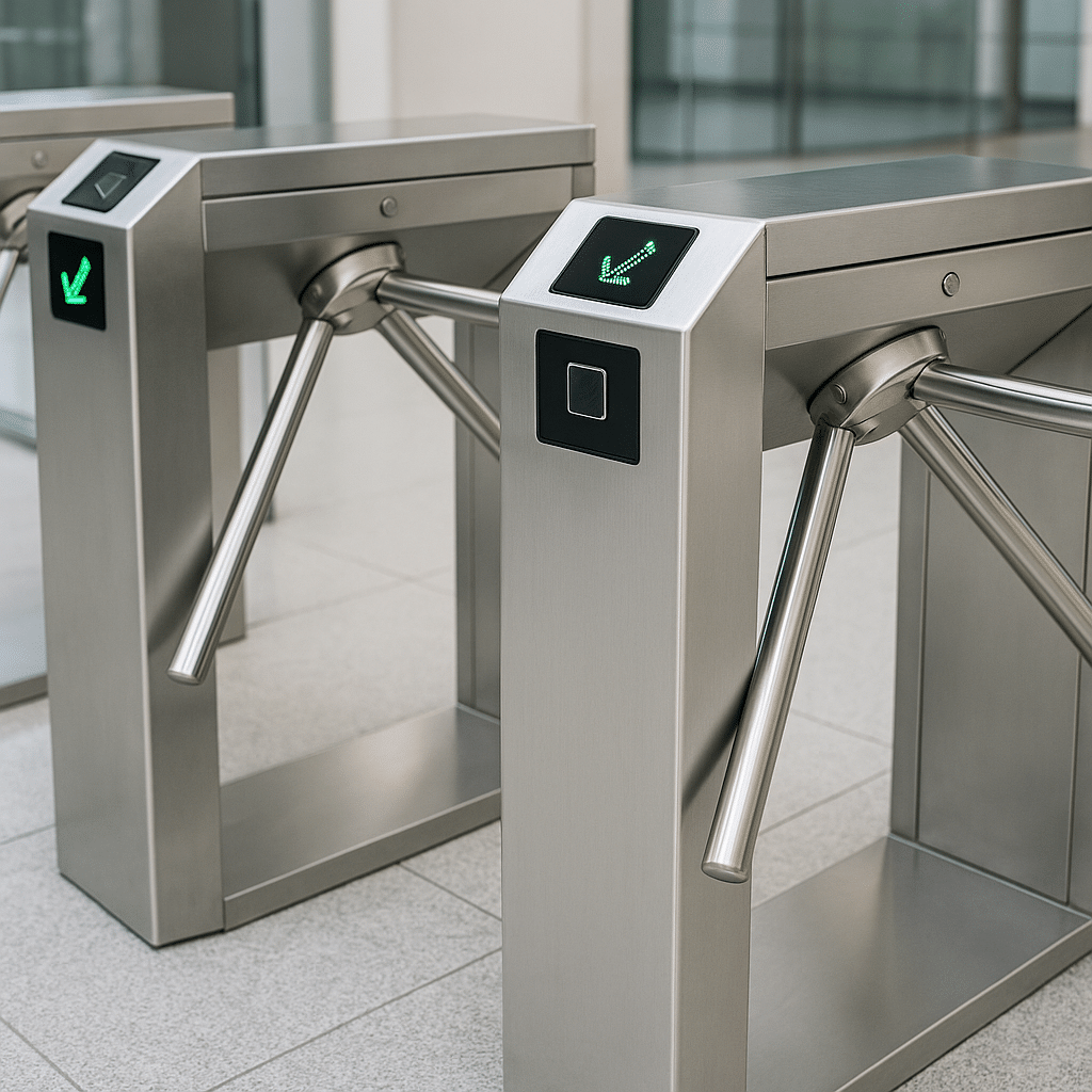 Torniquetes modernos de acero inoxidable con lectores de tarjeta y luces LED de acceso en una oficina | DIMEP