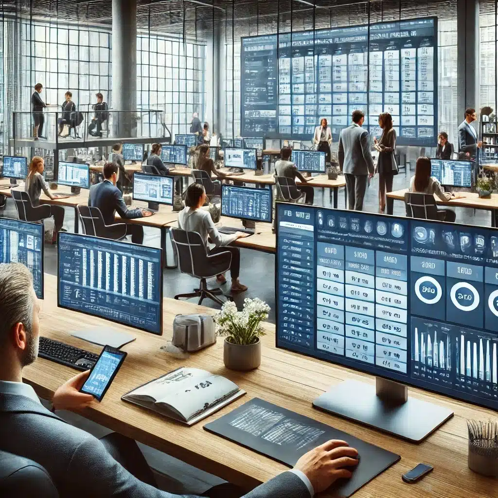 Oficina optimizando horarios con software especializado. Fichaje desplazamientos productos normativa | DIMEP