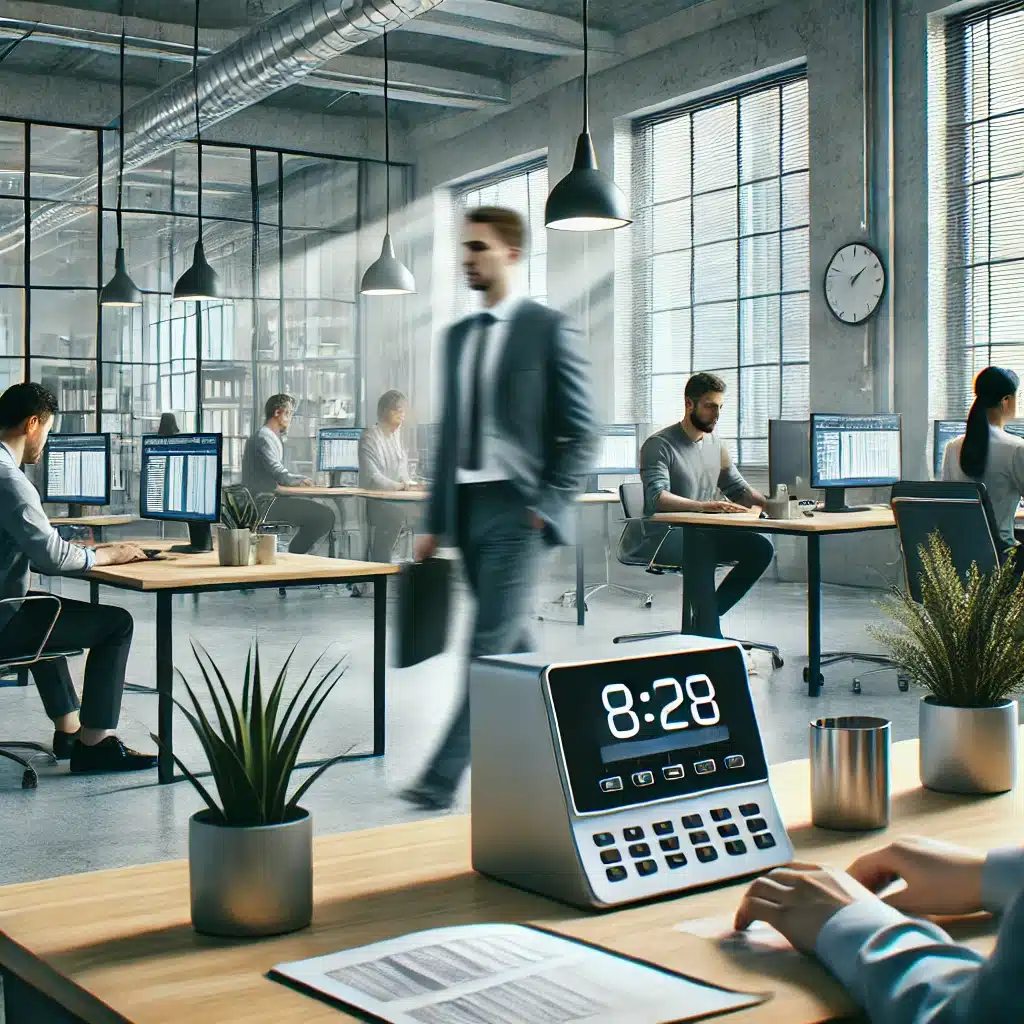 Oficina moderna con empleados trabajando y reloj de punto. Balance reloj checador éxito papel resultados | DIMEP