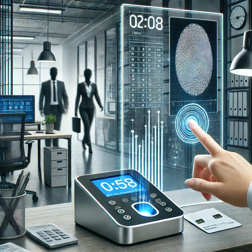 Empleado usando lector biométrico en oficina moderna | DIMEP